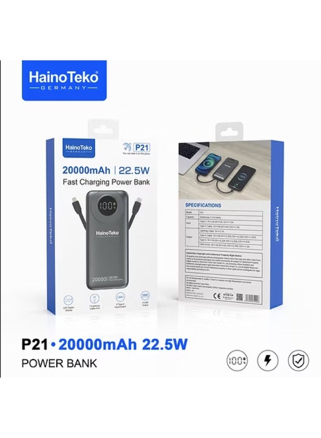HainoTeko Germany HainoTeko P21 20000mAh Portable Power Bank with 22.5W Fast Charging, LED Display - Image 1